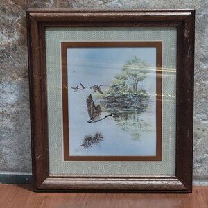 Framed Wildlife Print Duck Geese Water Artist Signed Anni Moller 1968 Wall Art